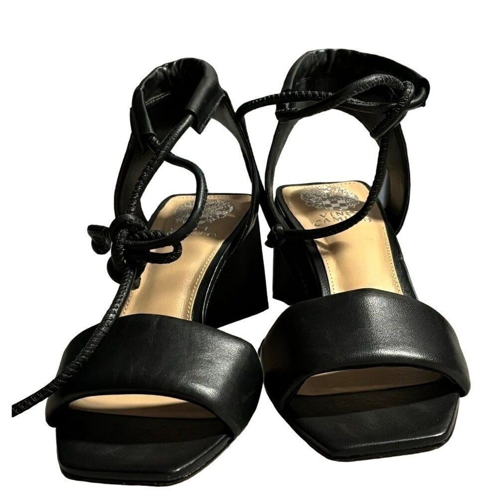 VInce Camuto Vernisa, Block Heel Black Leather Stappy Sandals‎ Shoes Size 8